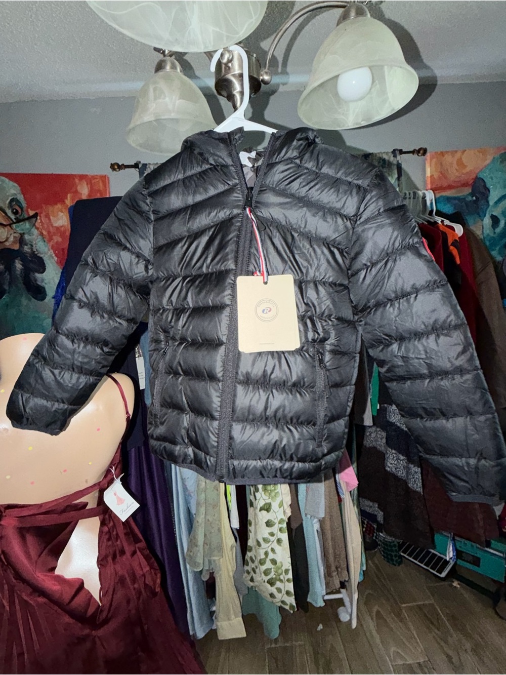 Kids Black Puffer Jacket with Hood - reversible